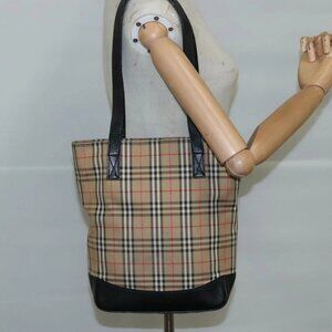 Burberrys Nova Check Tote Bag Canvas Leather Beige Black gold Auth 105753